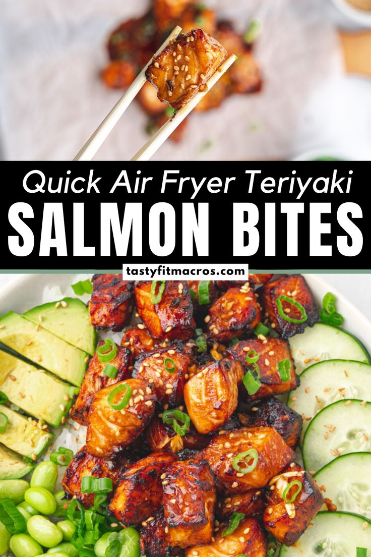 A Pinterest image showcasing 'Meal Prep Friendly Air Fryer Salmon Bites', with a bowl of salmon bites ready to eat and the website 'tastyfitmacros.com' at the bottom Healthy Salmon Dinner, Salmon Bites Recipe, Seared Salmon Recipes, Air Fryer Salmon, Salmon Bites, Healthy Salmon Recipes, Healthy Lunch Meal Prep, Healthy Salmon, Teriyaki Salmon