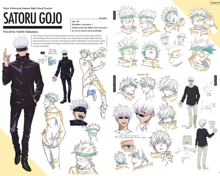 an anime character sheet with various poses and hair