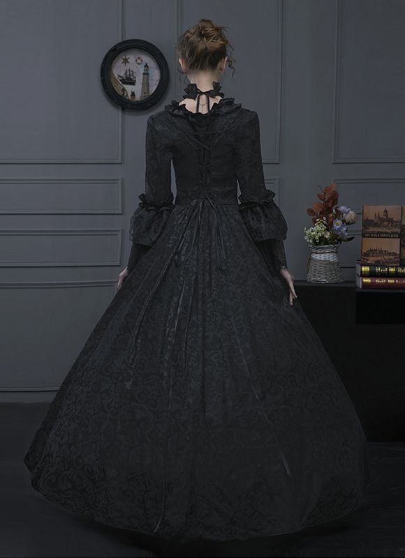 Black Jacquard Victorian Hallowen Vampire Dress     Condition: Brand New   Color:Black   Material: This dress made of High Quality Jacquard and Thick Satin, soft,smooth and comfortable to wear   Sleeve Length: Long Flare Sleeve   Dresses Length:Floor-Length   Neckline:  Square Collar   Decoration: Ruffles + Lace + Bandage   Package Includes: Dress + Neck ornament     The length of skirt about 45 inches (114 cm) long from waist to hem regardless of size. This dress is pictured with a 6-hoop Black Victorian Long Sleeve Dress For Cosplay, Black Long Sleeve Victorian Costume Dress, Black Gothic Medieval Dress With Long Sleeves, Black Long Sleeve Victorian Dress, Medieval Square, Historical Dresses Victorian, Black Victorian Dress, Black Victorian Dress With Lace Trim, Gothic Victorian Dresses