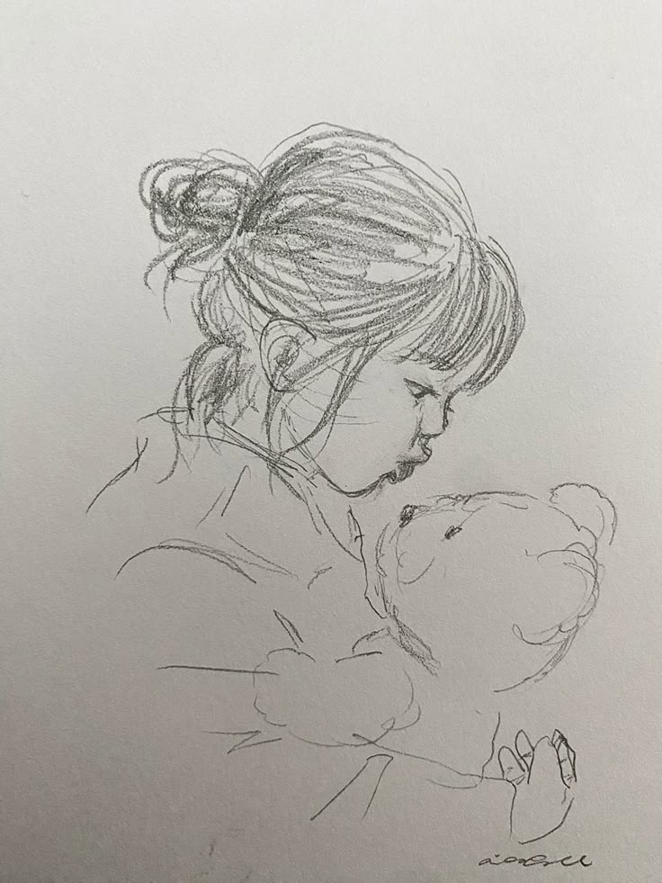 a drawing of a girl holding a teddy bear