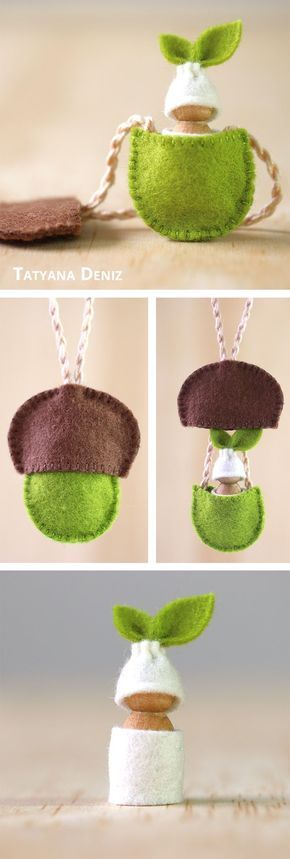 three different pictures of green and brown items with white thread hanging from the top, one is