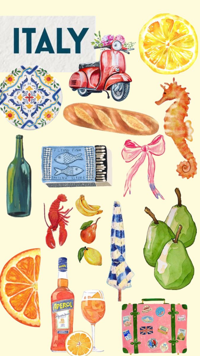 watercolor painting of food and drinks with the words italy