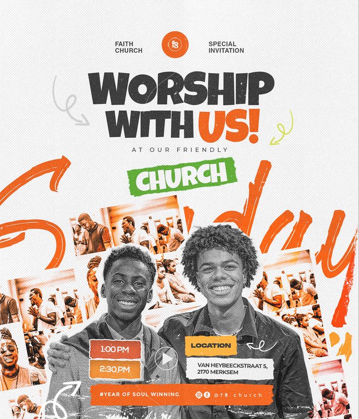 two men standing next to each other in front of a poster for worship with us