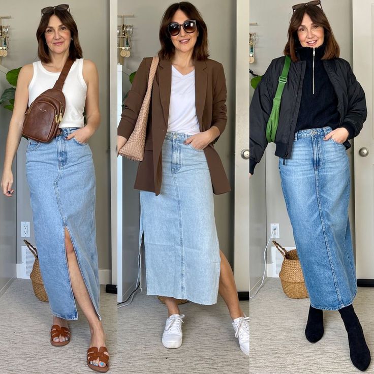 Denim Skirt Outfit Spring, Maxi Jean Skirt Outfits, Long Denim Skirt Outfit, Maxi Jean Skirt, Camel Coat Outfit, Spring Skirt Outfits, Jean Skirt Outfits, Moda Denim, Spring Denim