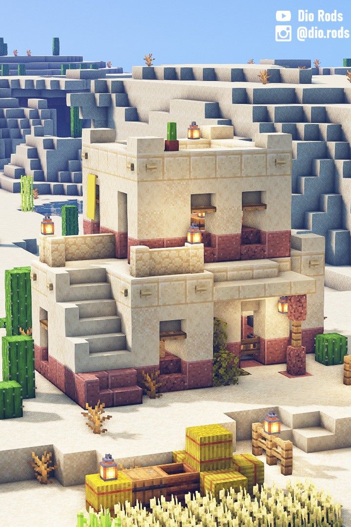 Minecraft Starter House in the Desert Biome, perfect for survival minecraft. Desert Starter House Minecraft, Minecraft Survival Starter Base, Sandstone Minecraft House, Desert Home Minecraft, Minecraft Desert House Interior, Minecraft Mesa House Ideas, Desert Town Minecraft, Desert Houses Minecraft, Sand Village Minecraft