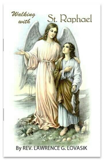 an angel and child standing next to each other with the words walking with st raphael