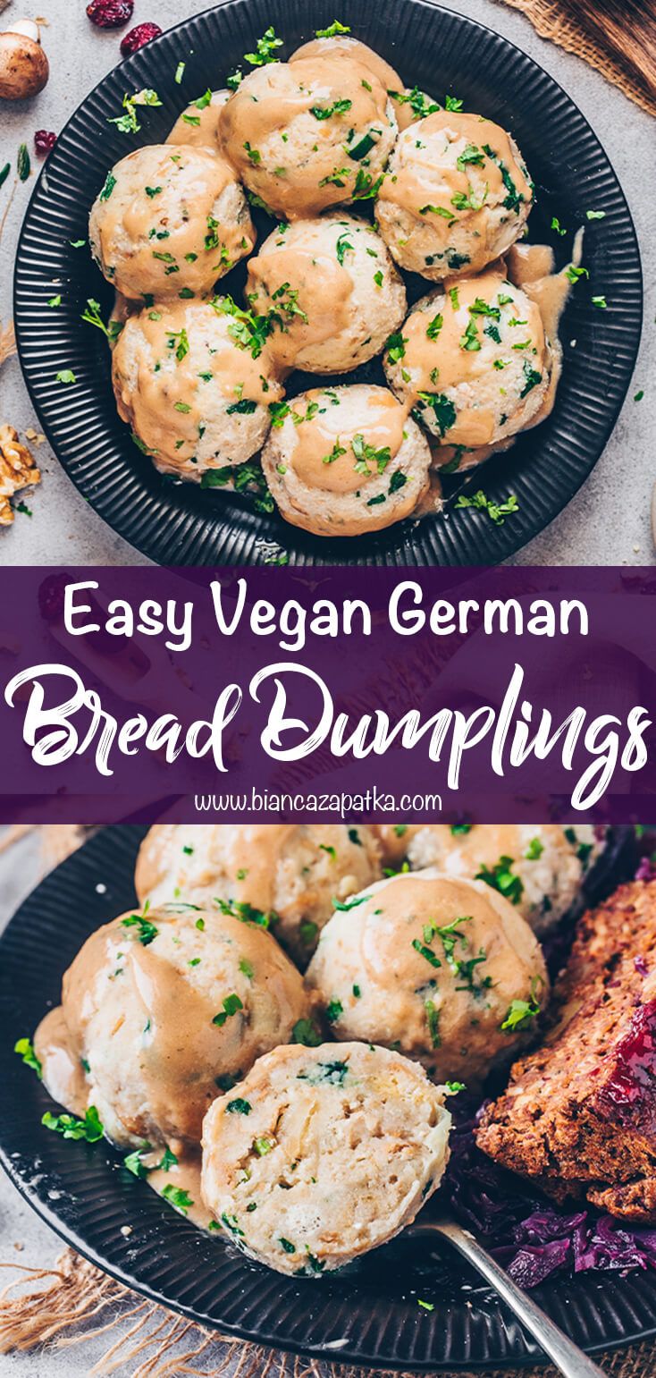 an easy vegan german bread dumplings recipe on a black plate with text overlay