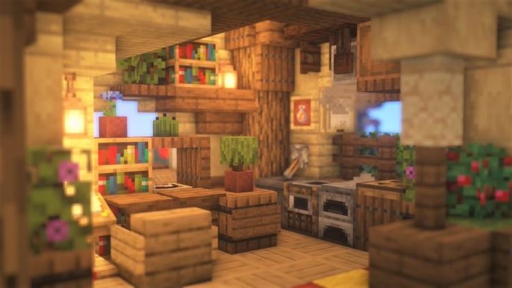 the interior of a minecraft house with lots of plants and flowers on the walls