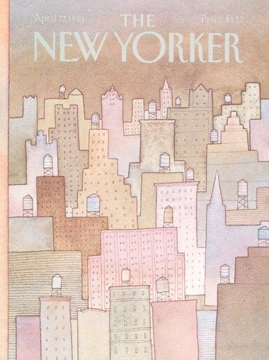 the new yorker book cover is shown with buildings in pastel colors and an orange background