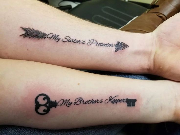 two people with matching tattoos that say my sisters present, my brothers keeper and me