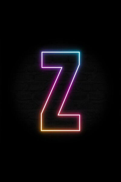 the letter z is made up of neon lights on a black background with a brick wall