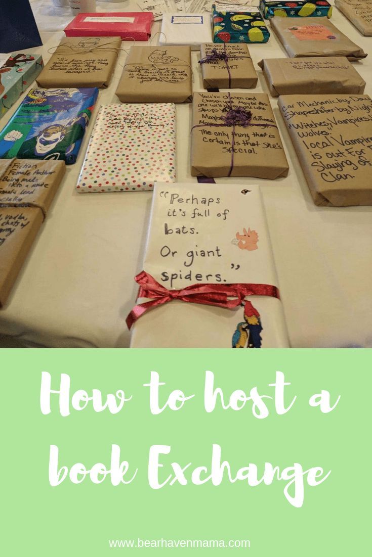 a table covered in books with the words how to host a book exchange