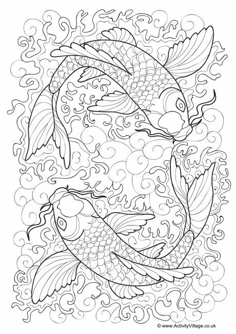 two koi fish swimming in the water with waves and clouds around them coloring page