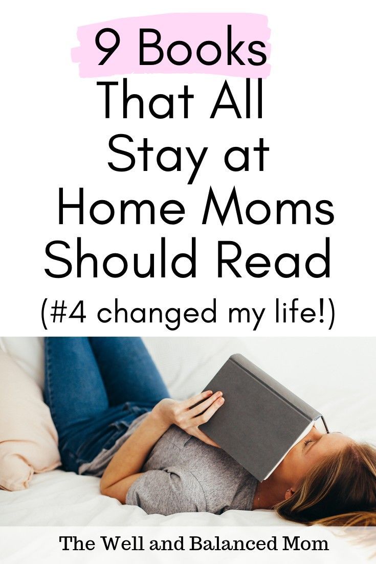 a woman laying in bed reading a book with the title 9 books that all stay at home moms should read