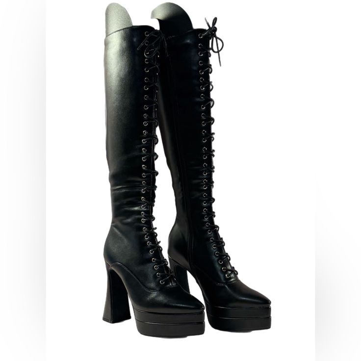 ~Nwot, Size 8, Sold Out Online ~Sexy Black Knee High Boots W/Vegan Leather Construction ~Pointy Toe, Lace-Up Front Detail & Inner Zip Closure ~Stacked Platform & Shaped Heel ~Rubber Upper, Eva Sole, Platform: 1.75”, Heel: 5.25”, No Box ~Smoke Free/Dog Friendly Home ~Poos Fcfs ~Bundling Encouraged, Also Can Pickup Or Meet Locally ~$68 (Reg $105, Sold Out) Or Best Offer Fitted Alternative Platform Boots For Fall, Fitted Alternative Style Platform Boots For Fall, Fitted Punk Platform Boots For Alternative Fashion, Punk Style Fitted Platform Boots For Winter, Fitted Alternative Platform Boots For Party, Fitted Alternative Style Platform Boots For Party, Punk Style Platform Boots For Winter Night Out, Edgy Fitted Platform Boots For Alternative Fashion, Punk Style Winter Platform Boots For Night Out