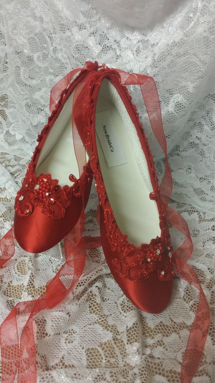 True Red Ballerina slipper style flat shoes, embellished with red lace and Crystals I meticulously designed these beautiful Red shoes fit for a real princess on her wedding day A Holiday Wedding Or, Valentines Wedding, or any one who loves Red I hand dyed and hand embellished them, these are not found in stores I used beautiful first class elements: Bridal lace trim, organza red ribbon to match the shoes US Adult Sizes: 5, 5.5, 6, 6.5, 7, 7.5, 8, 8.5, 9, 9.5, 10, *11 & *12 and W Wide width f Red Lace Shoes, Red Round Toe Ballet Flats For Evening, Red Round Toe Flats For Wedding, Red Ballerina, Red Ballerinas, Red Shoes Flats, Valentines Wedding, Wedding Slippers, Red Slippers