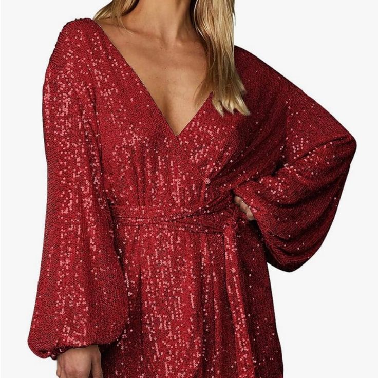 Size Small Never Worn Red V-neck Mini Dress For Holiday, Red V-neck Mini Dress For Party Season, Red Evening Dress For Winter, Red Evening Dresses For Winter, Red Sequined Dresses For Winter, Red Sequin Dress For Winter, Chic Red Winter Dress, Christmas V-neck Mini Dress For Date Night, Glamorous Red Long Sleeve Dresses