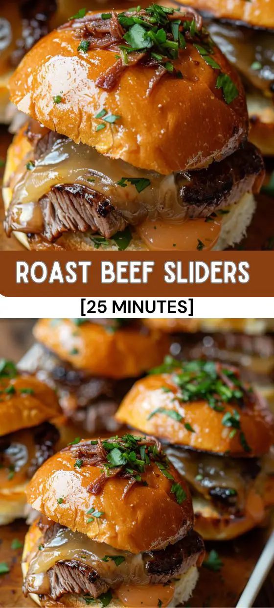 roast beef sliders with melted cheese and parsley on top