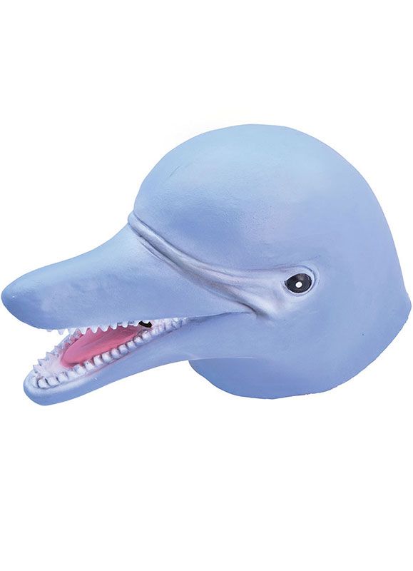 a blue dolphin mask with its mouth open