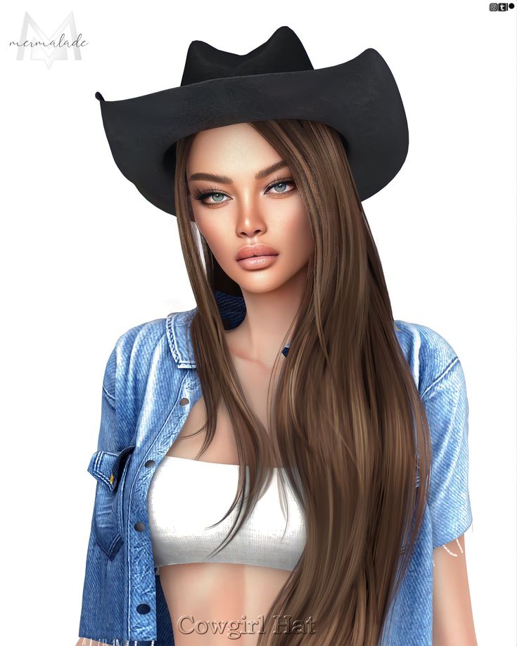 a woman with long hair wearing a black cowboy hat and white bra top is standing in front of a white background