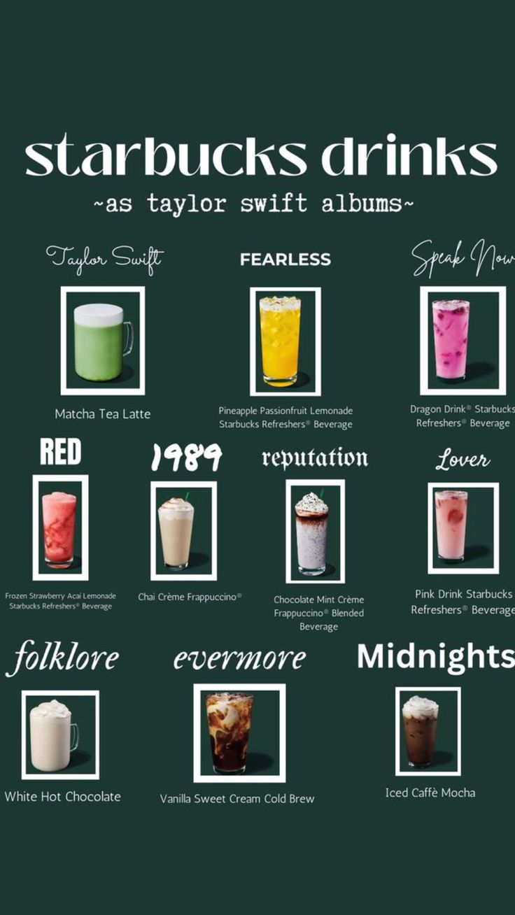 Pink Drink Starbucks, Starbucks Drink Menu, Matcha Tea Latte, Taylor Swift Albums, Starbucks Secret Menu Recipes, Taylor Swift Jokes, Cold Starbucks Drinks, Starbucks Drinks Diy, Secret Starbucks Recipes