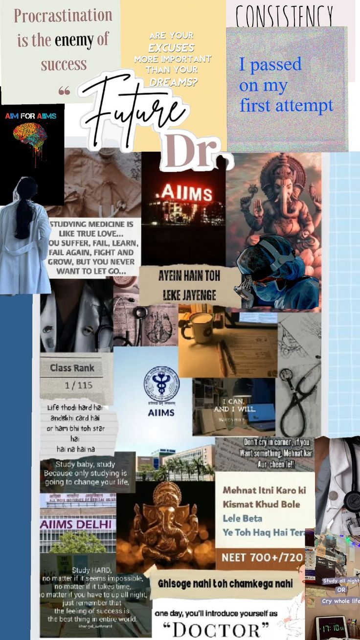 the collage shows many different types of words and pictures, including an image of a doctor