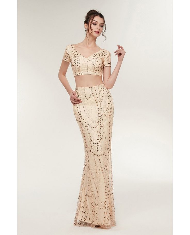 Shop Sexy Two Piece Gold Tight Prom Dress with Sparkle Beading online. Custom-made any plus size or color. Pro since 2009. Champagne Prom Dresses, Short Sleeve Prom Dresses, Tight Prom Dresses, Mermaid Shorts, Champagne Prom Dress, Designer Formal Dresses, Mermaid Prom Dresses Lace, Lace Prom Dress, Beaded Chiffon