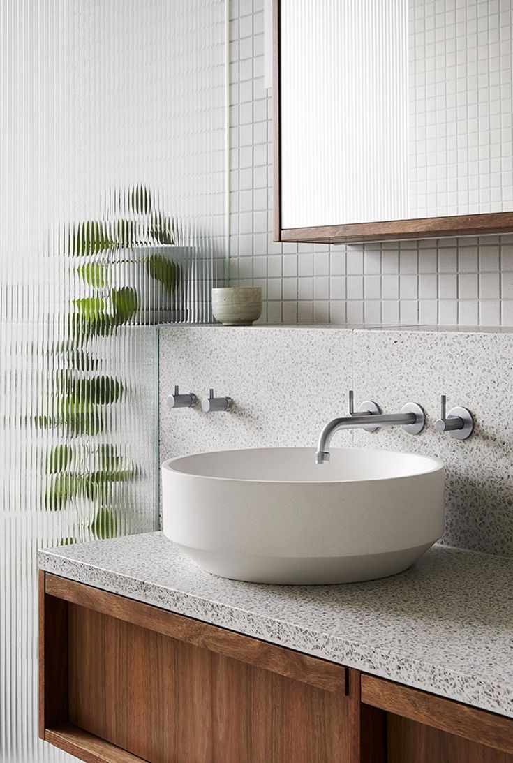 a bathroom sink sitting on top of a counter next to a mirror and potted plant