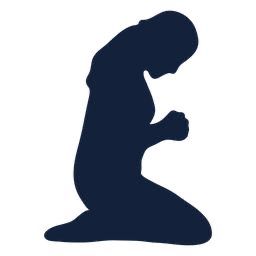 the silhouette of a man kneeling down with his hands clasped in front of his chest