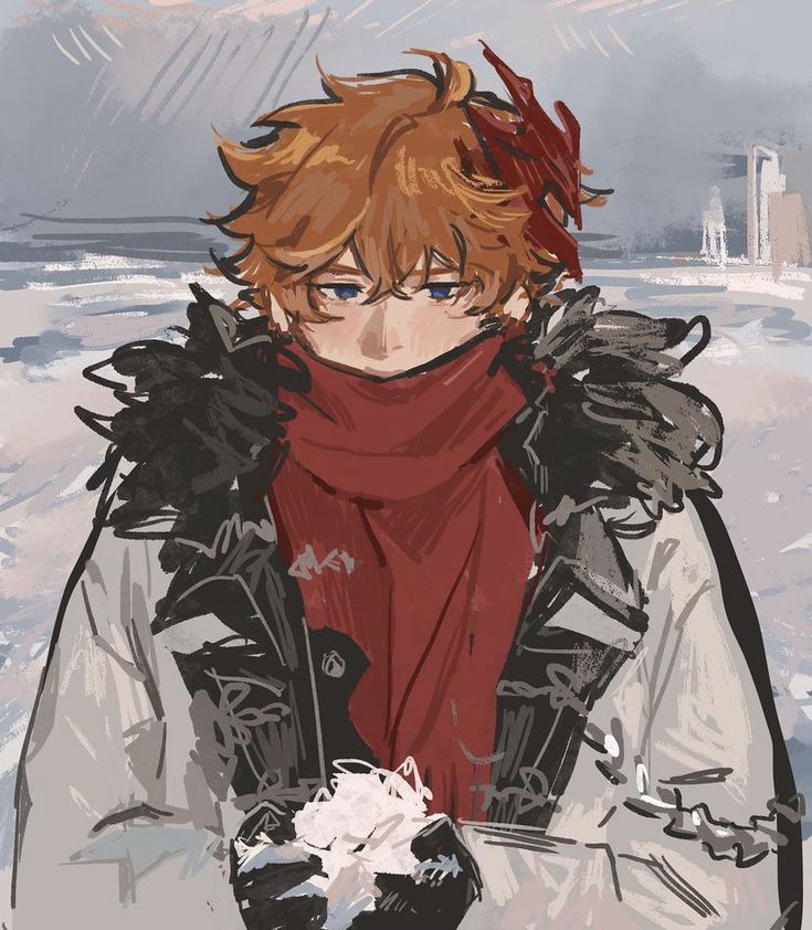 an anime character with red hair wearing a scarf