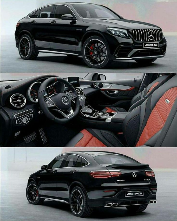 the inside and outside view of a black mercedes gle - class coupe with red accents