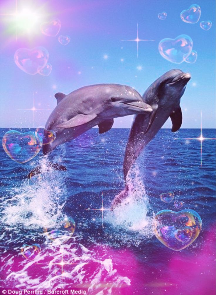 two dolphins jumping out of the water with bubbles in front of them and an ocean background