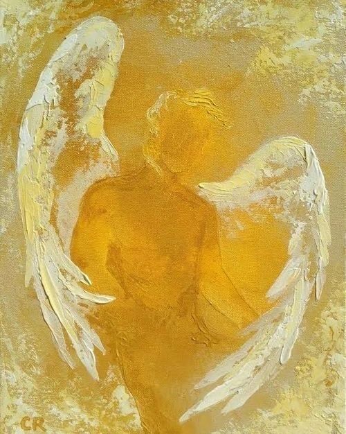 an angel painting with yellow and white colors