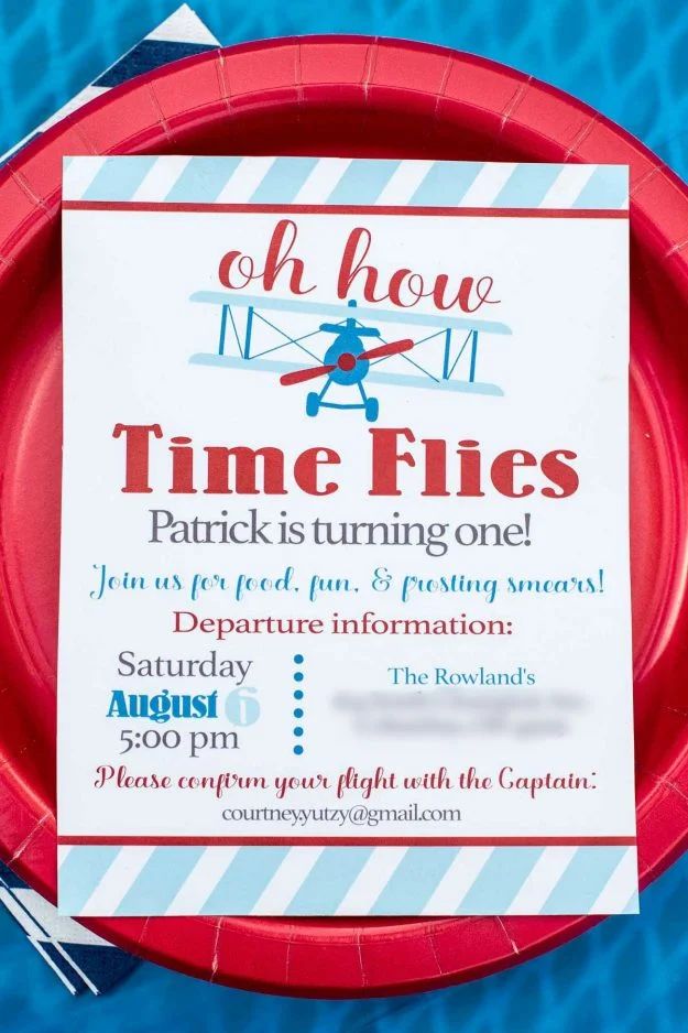 a paper plate with a sign on it that says, oh how time flies patrick is turning one