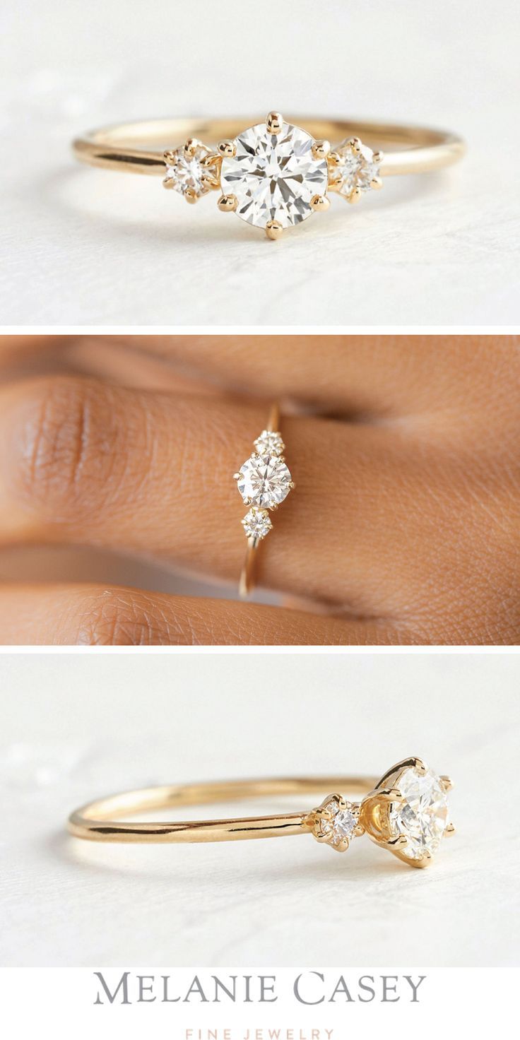 three different views of a diamond engagement ring