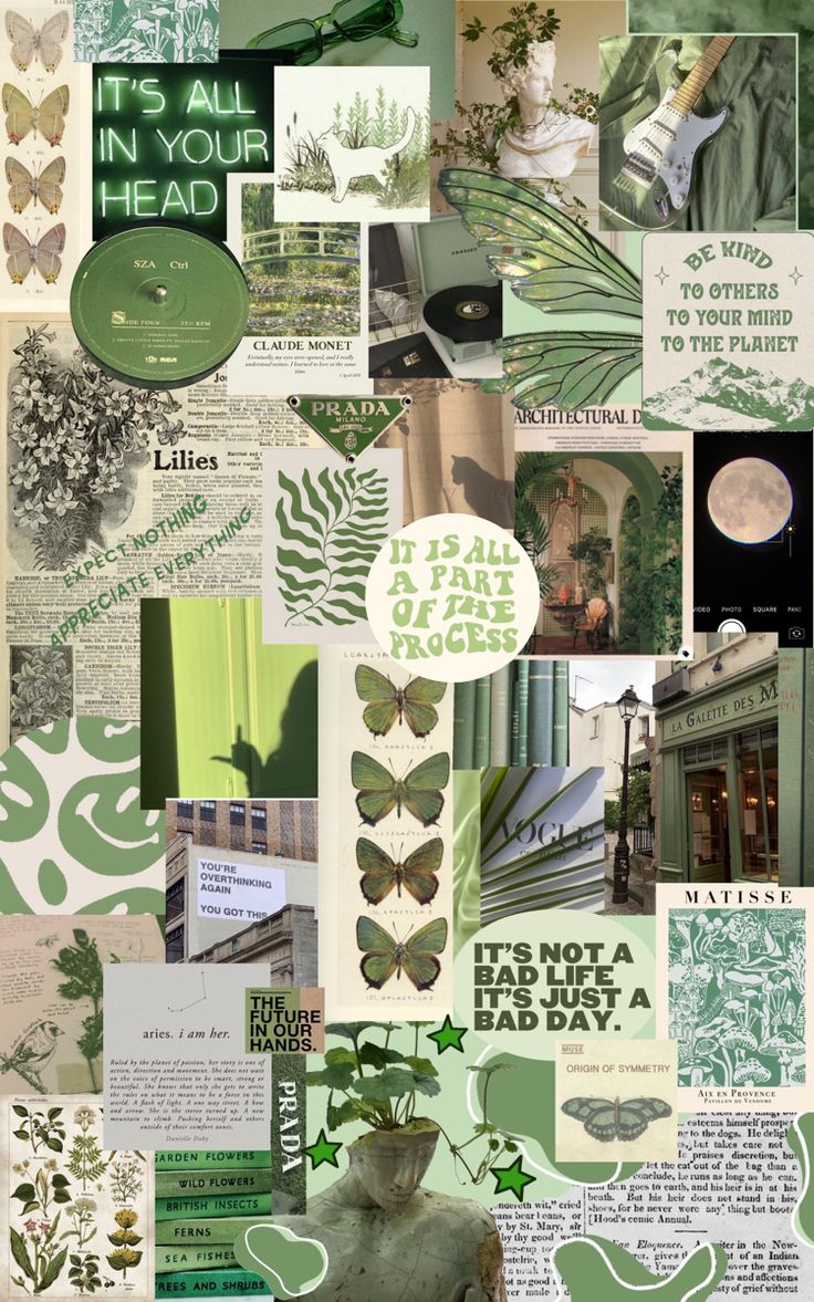 a collage of green and white images