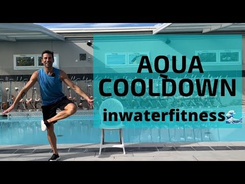 a man standing on one leg in front of a swimming pool with the words aqua colddown