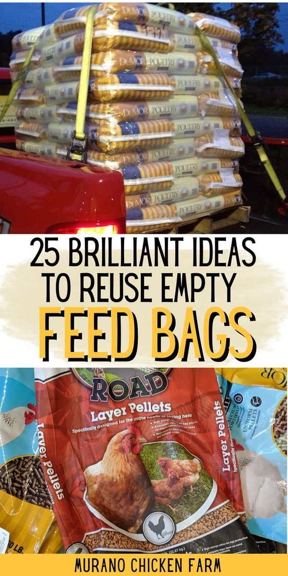 bags of food are stacked on top of each other with the words 25 brilliant ideas to reuse empty feed bags