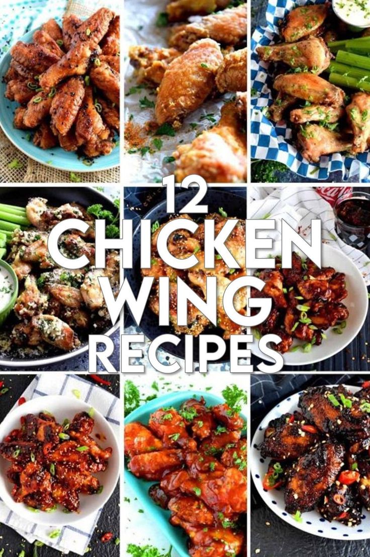 twelve chicken wing recipes are featured in this collage