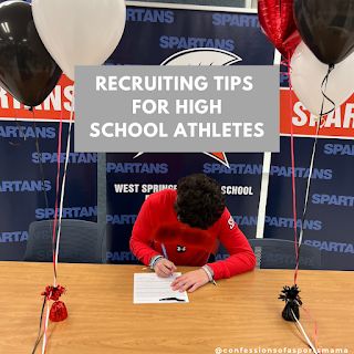 a person sitting at a table with balloons and writing on a piece of paper that says recruit tips for high school athletes