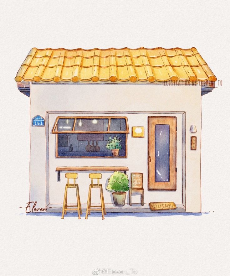 a watercolor drawing of a small house with a bar and stools in front