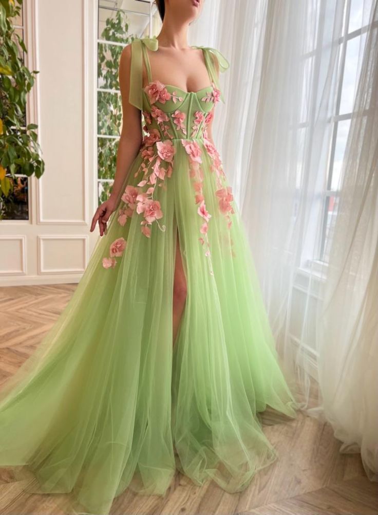 Teuta Matoshi, Green Tulle, Cheap Evening Dresses, Long Prom Gowns, Green Gown, Prom Dresses Sleeveless, Floral Gown, Green Prom Dress, Pink Prom Dresses