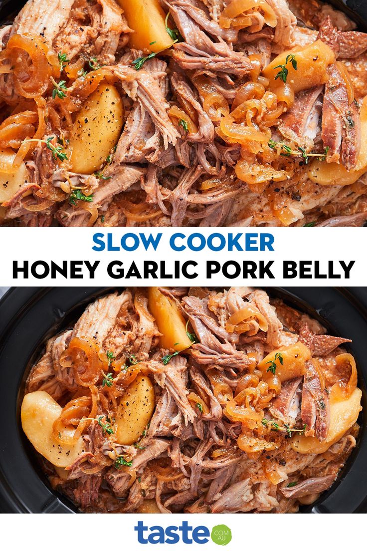 slow cooker honey garlic pork belly recipe with potatoes and carrots in the crock pot