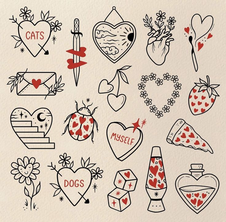 an assortment of tattoos on a piece of paper that says cats, dogs, and hearts