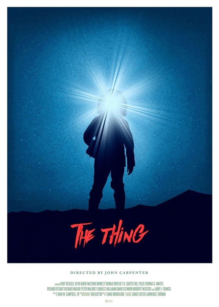 a movie poster for the thing with a man standing in front of a bright light