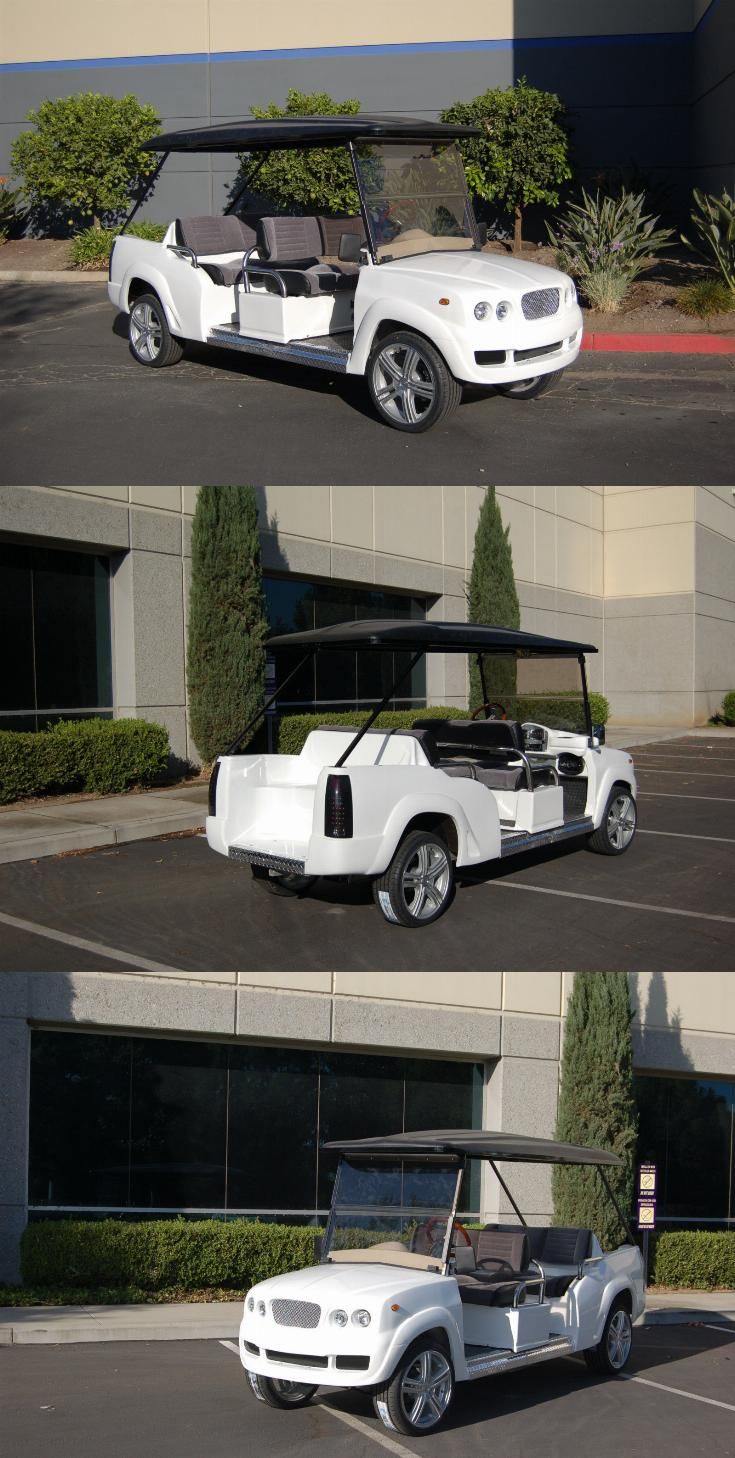 three different views of a white golf cart in the middle of a parking lot with trees and bushes behind it