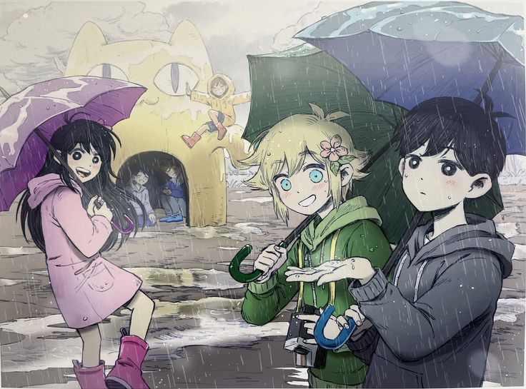 three people standing in the rain with umbrellas