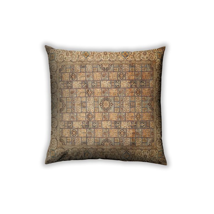 a brown and tan pillow on a white background with an intricate design in the middle