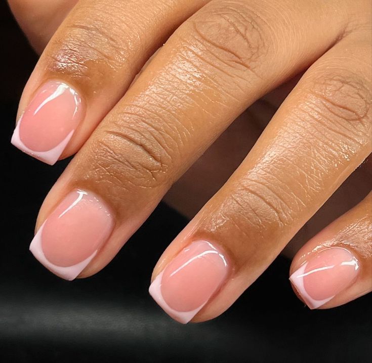 Short Natural Shape Nails, Natural French Tip Acrylic Nails, Tan Short Nails, Natural Overlay Nails, Natural Nail Inspo Short, Short Squoval Nails Design, Nail Overlay Ideas, Almond Acrylic Nails Designs, Spirit Fingers