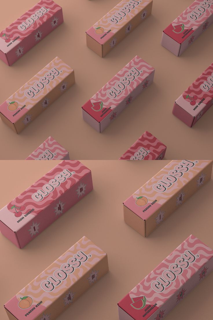 several boxes of candy are arranged in rows